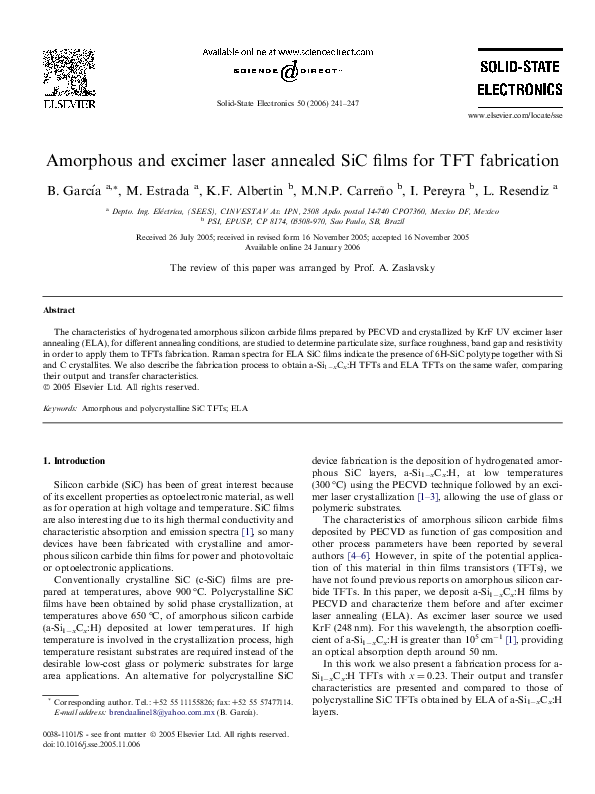 (PDF) Amorphous and excimer laser annealed SiC films for TFT fabrication