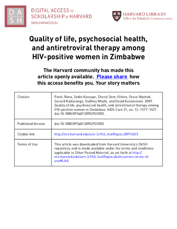 (PDF) Quality of life, psychosocial health, and antiretroviral therapy ...