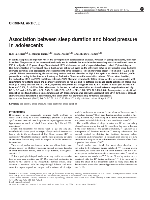 (PDF) Association between sleep duration and blood pressure in adolescents
