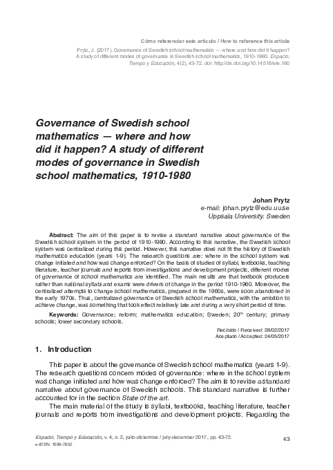 (PDF) Governance of Swedish school mathematics — where and how did it ...