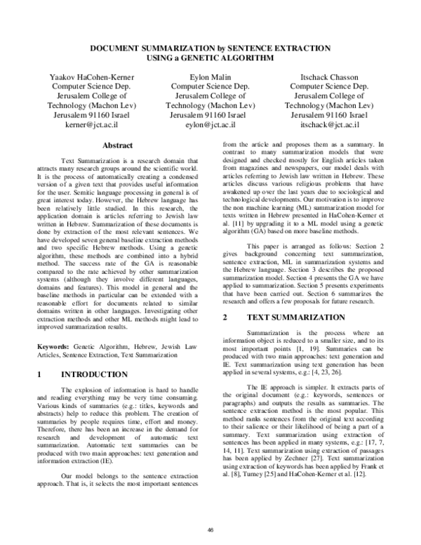 (PDF) Document Summarization by Sentence Extraction Using a Genetic ...