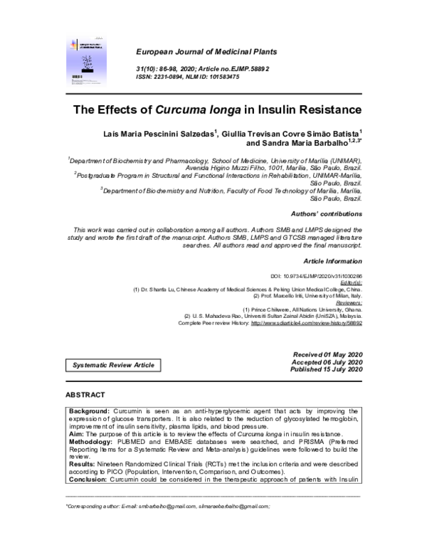 (PDF) The Effects of Curcuma longa in Insulin Resistance
