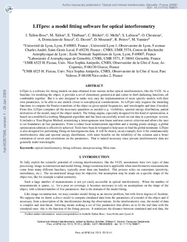 (PDF) LITpro: a model fitting software for optical interferometry