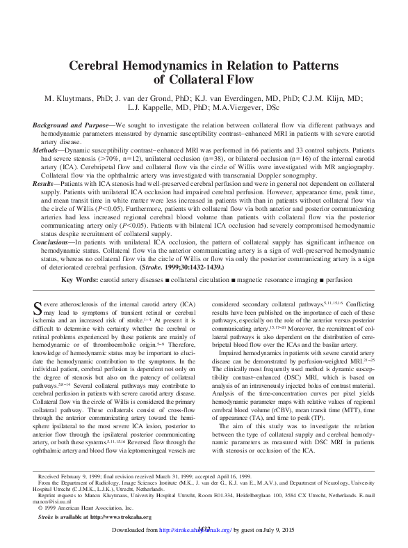 (PDF) Cerebral Hemodynamics in Relation to Patterns of Collateral Flow