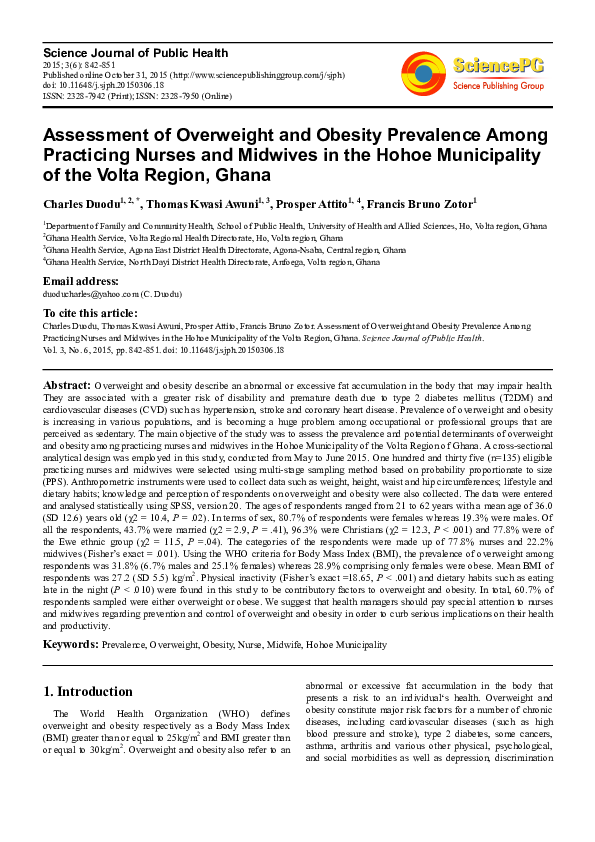 (PDF) Assessment of Overweight and Obesity Prevalence Among Practicing ...