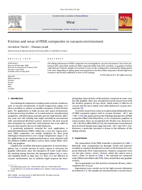 (PDF) Friction and wear of PEEK composites in vacuum environment