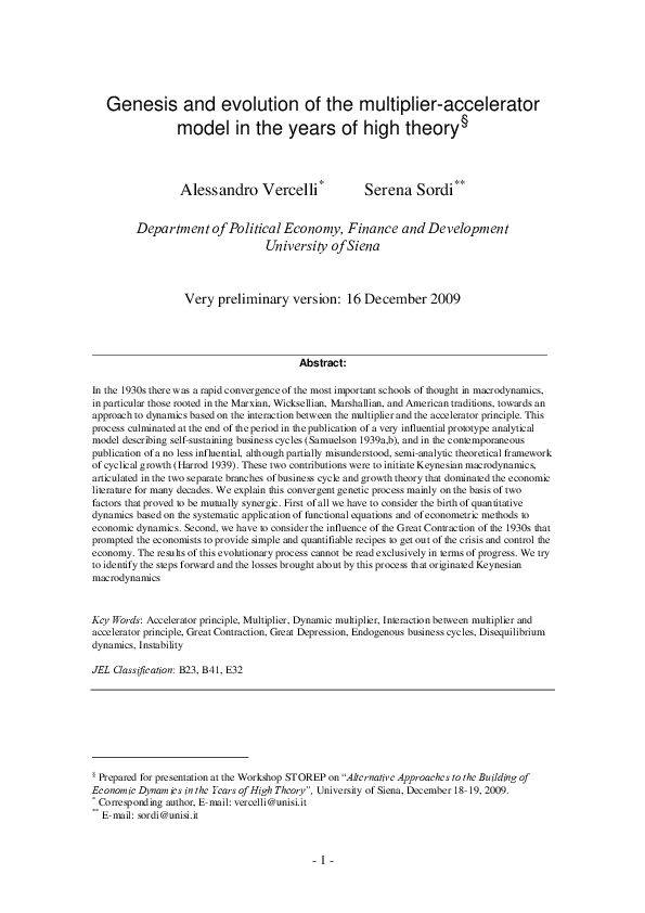 (PDF) Genesis and evolution of the multiplier-accelerator model in the ...
