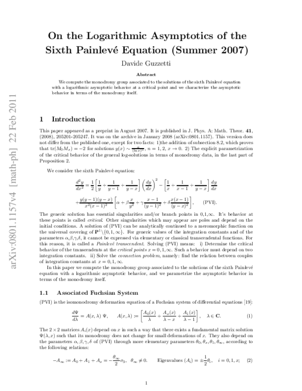 (PDF) On the Logarithmic Asymptotics of the Sixth Painleve Equation ...