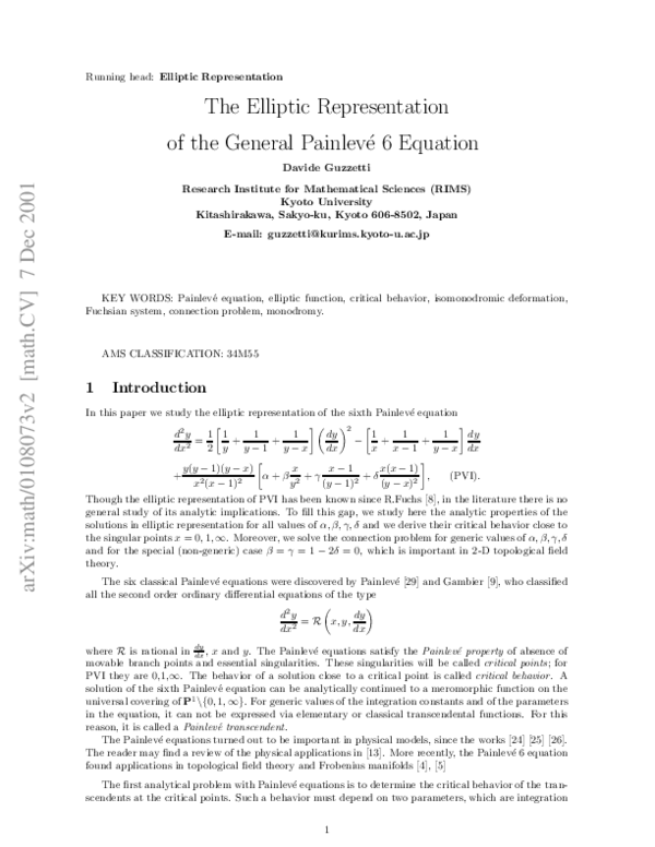 (PDF) The Elliptic Representation of the General Painlevé 6 Equation