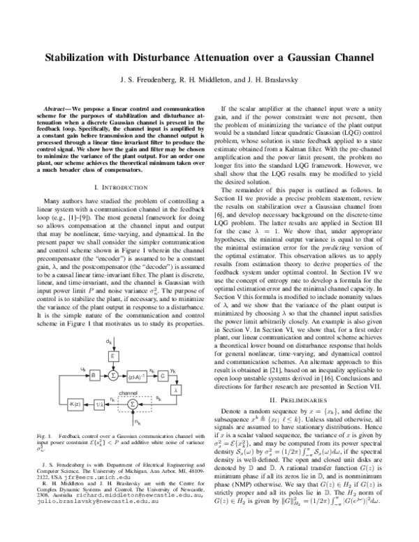 (PDF) Stabilization with disturbance attenuation over a Gaussian channel