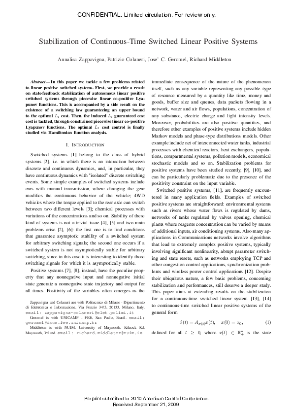 (PDF) Stabilization of continuous-time switched linear positive systems