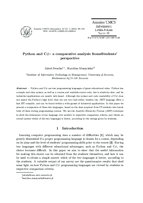 (PDF) Python and C#: a comparative analysis fromsStudents' perspective
