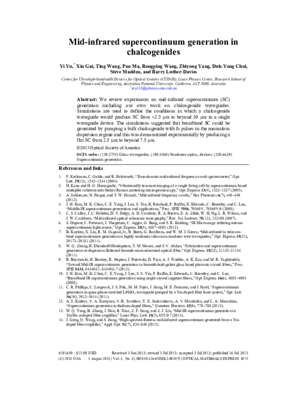 (PDF) Mid-infrared supercontinuum generation in chalcogenides