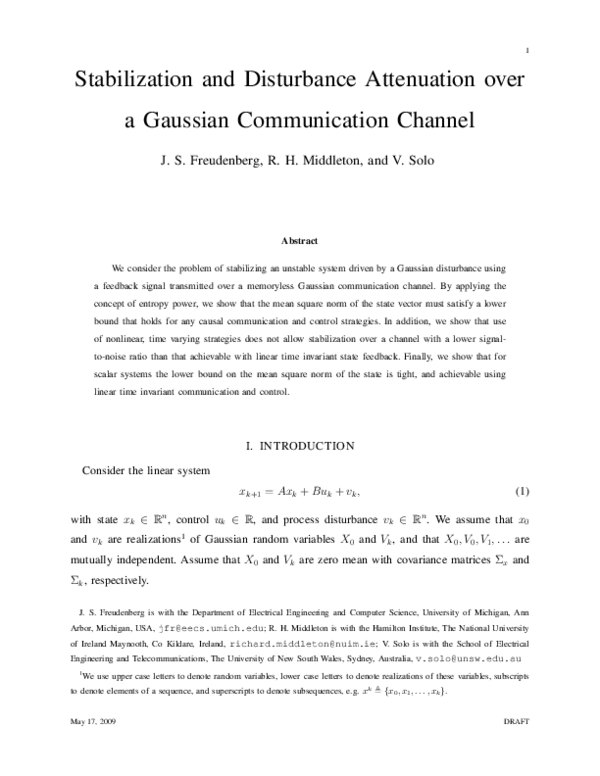 (PDF) Stabilization and Disturbance Attenuation Over a Gaussian ...