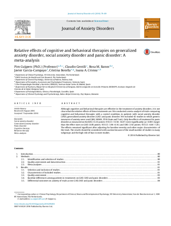 (PDF) Relative effects of cognitive and behavioral therapies on ...