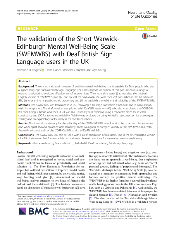 (PDF) The validation of the Short Warwick-Edinburgh Mental Well-Being ...