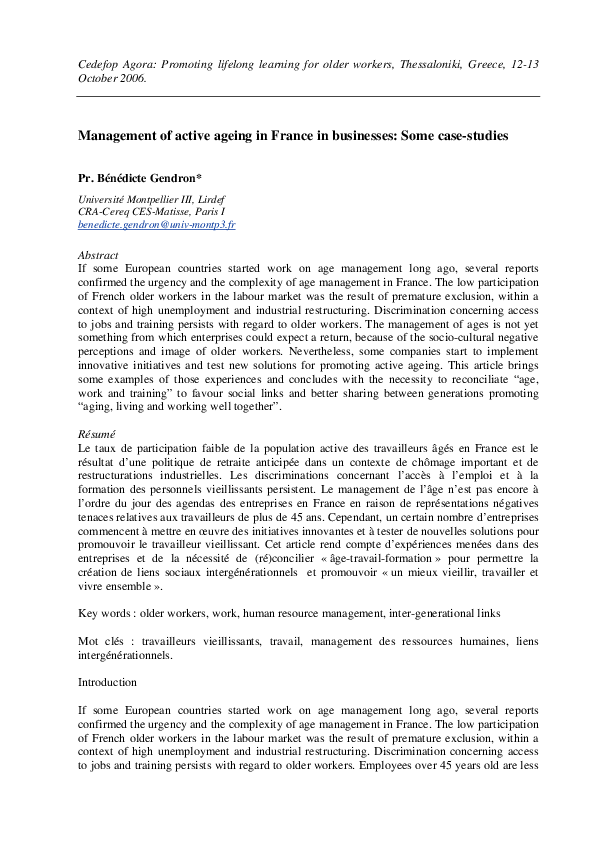 (PDF) Management of active ageing in France in businesses: Some case ...