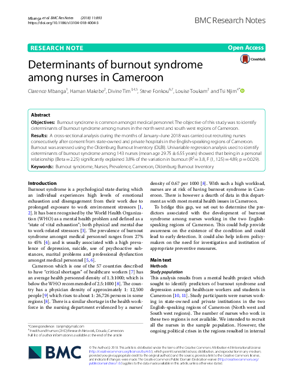 (PDF) Determinants of burnout syndrome among nurses in Cameroon