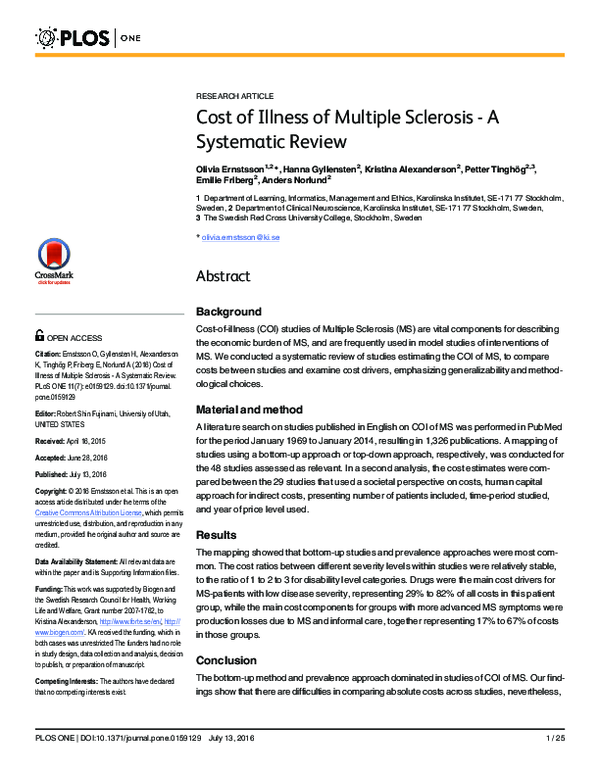 (PDF) Cost of Illness of Multiple Sclerosis - A Systematic Review