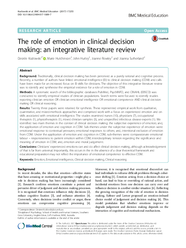 (PDF) The role of emotion in clinical decision making: an integrative ...