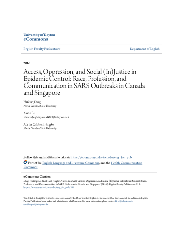 Access, oppression, and social (in)justice in epidemic control: Race, profession, and communication in SARS outbreaks in Canada and Singapore