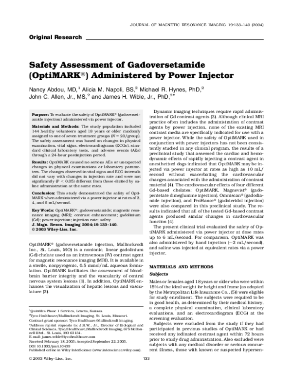 (PDF) Safety assessment of gadoversetamide (OptiMARK ) administered by ...