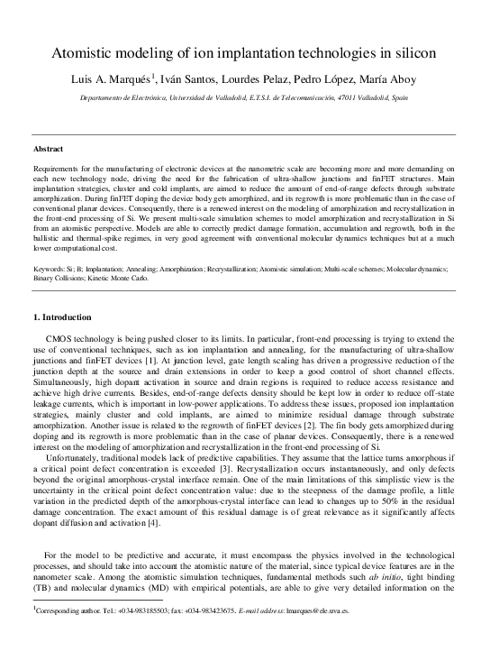 (PDF) Atomistic modeling of ion implantation technologies in silicon
