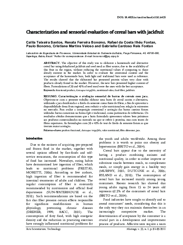 (PDF) Characterization and sensorial evaluation of cereal bars with ...