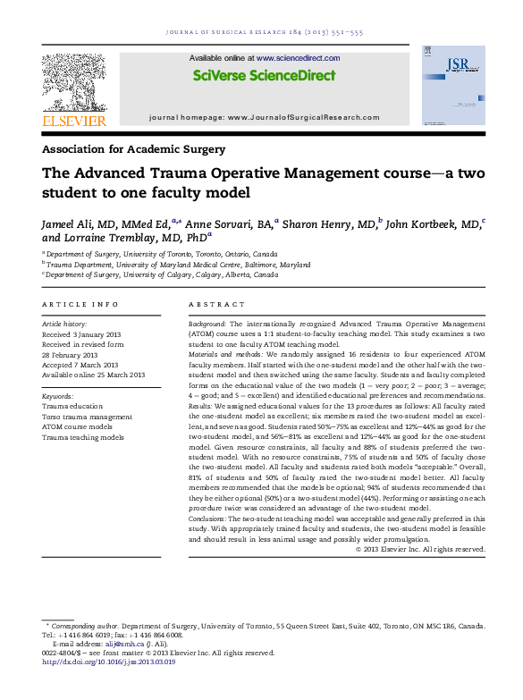(PDF) The Advanced Trauma Operative Management course—a two student to ...