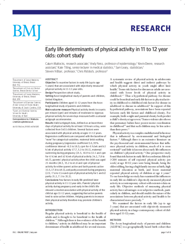 (PDF) Early life determinants of physical activity in 11 to 12 years ...