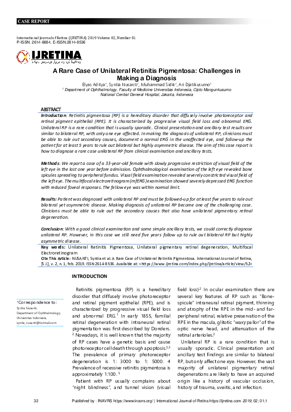 (PDF) A Rare Case of Unilateral Retinitis Pigmentosa