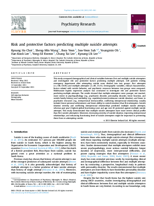 (PDF) Risk and protective factors predicting multiple suicide attempts