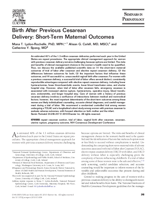 (PDF) Birth After Previous Cesarean Delivery: Short-Term Maternal Outcomes