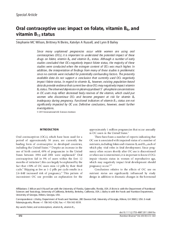 (PDF) Oral contraceptive use impact on folate, vitamin B6, and vitamin