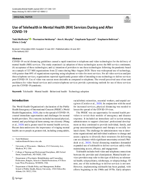(PDF) Use of Telehealth in Mental Health (MH) Services During and After ...
