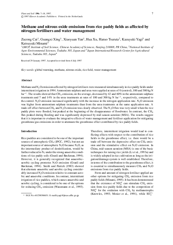 (PDF) Methane and Nitrous Oxide Emissions From Rice Paddy Fields As ...
