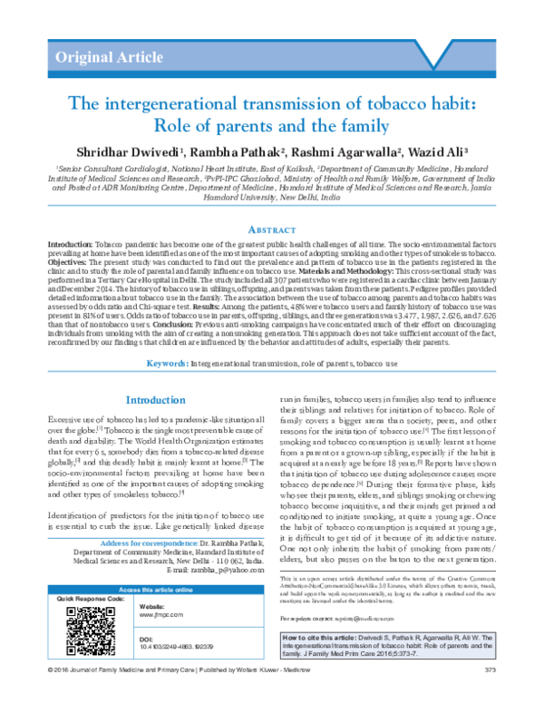 (PDF) The intergenerational transmission of tobacco habit: Role of ...