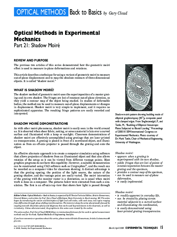 (PDF) OPTICAL METHODS: Optical Methods in Experimental Mechanics. Part ...