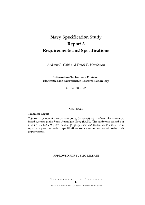 (PDF) Navy Specification Study Report 3 Requirements and Specifications