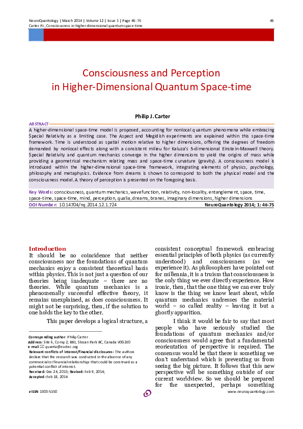 (PDF) Consciousness and Perception in Higher Dimensional Quantum Space-time