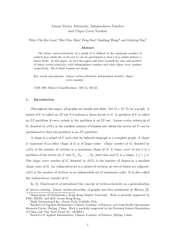 (PDF) Linear Vertex Arboricity, Independence Number and Clique Cover Number Wai Shiu