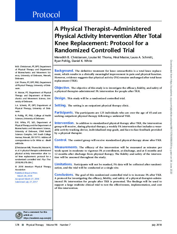 (PDF) A Physical TherapistAdministered Physical Activity Intervention After Total Knee