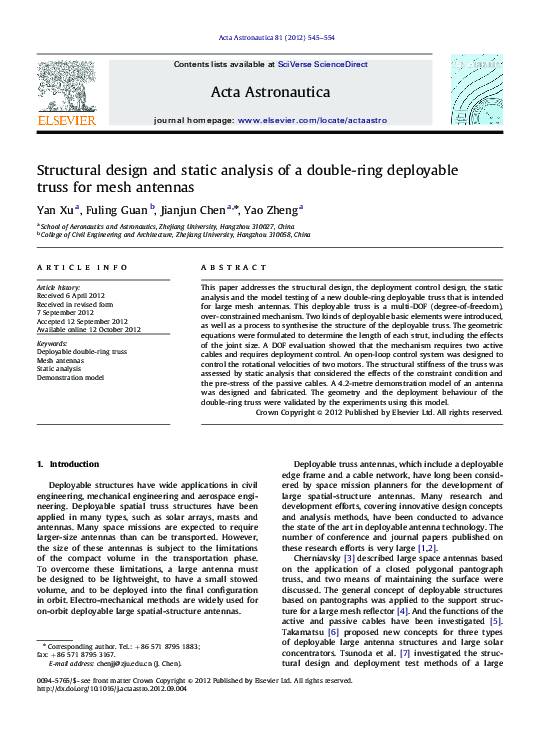 (PDF) Structural design and static analysis of a double-ring deployable ...