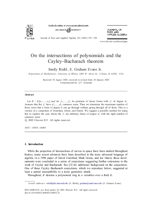 (PDF) On the intersections of polynomials and the CayleyBacharach