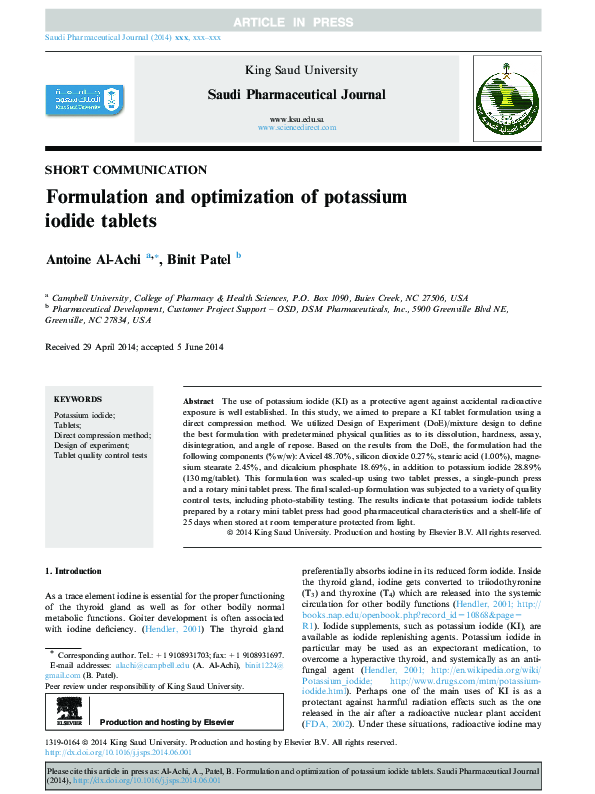 (PDF) Formulation and optimization of potassium iodide tablets