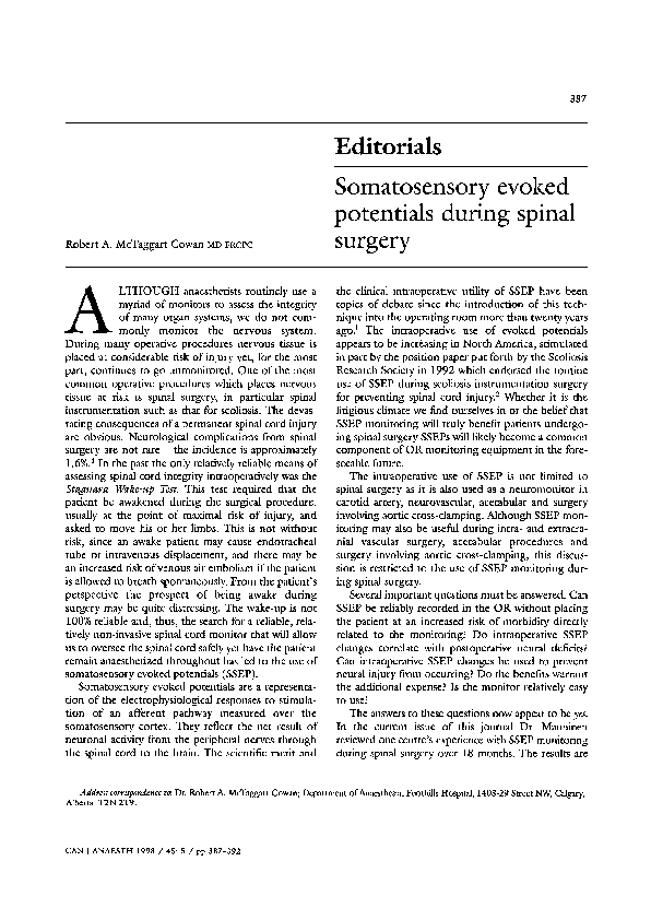 (PDF) Somatosensory evoked potentials during spinal surgery