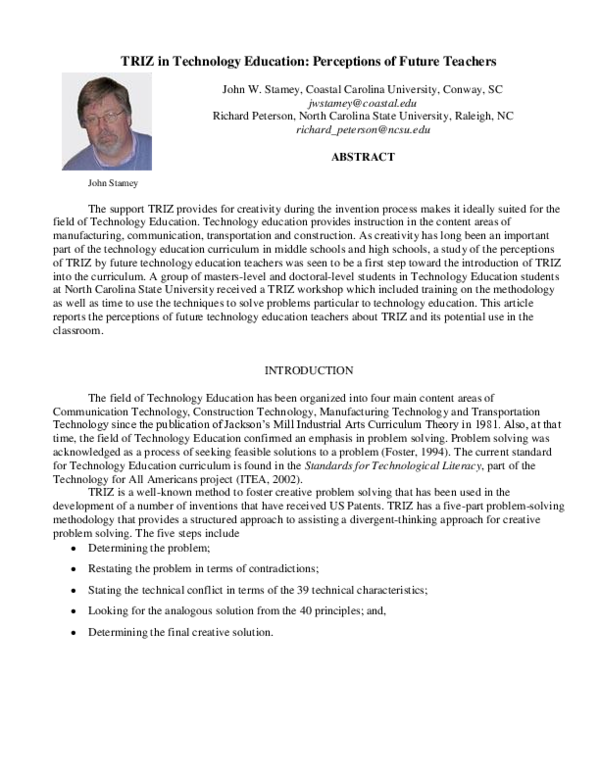 (PDF) TRIZ in Technology Education: Perceptions of Future Teachers