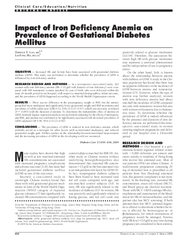 (PDF) Impact of Iron Deficiency Anemia on Prevalence of Gestational Diabetes Mellitus T. Lao