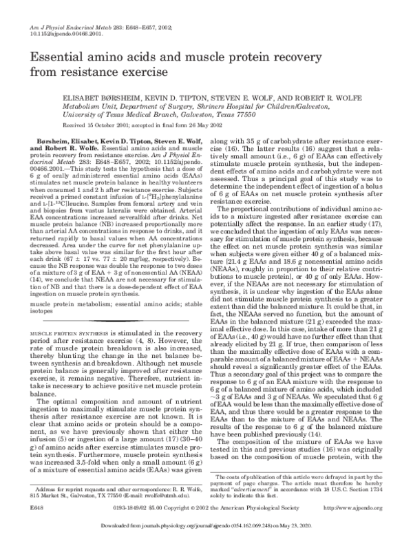 (PDF) Essential amino acids and muscle protein recovery from resistance