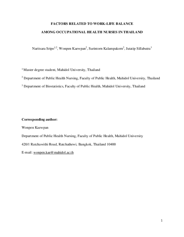 (PDF) FACTORS RELATED TO WORK-LIFE BALANCE AMONG OCCUPATIONAL HEALTH ...
